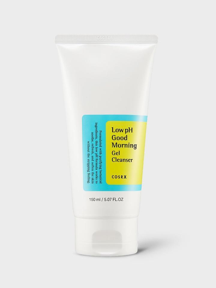 A white tube of COSRX - Low pH Good Morning Gel Cleanser 150ml with a blue and yellow label. This mildly acidic, gentle cleanser with tea tree oil is designed to maintain healthy skin with its low pH level. The tube contains 150 ml (5.07 FL.OZ).