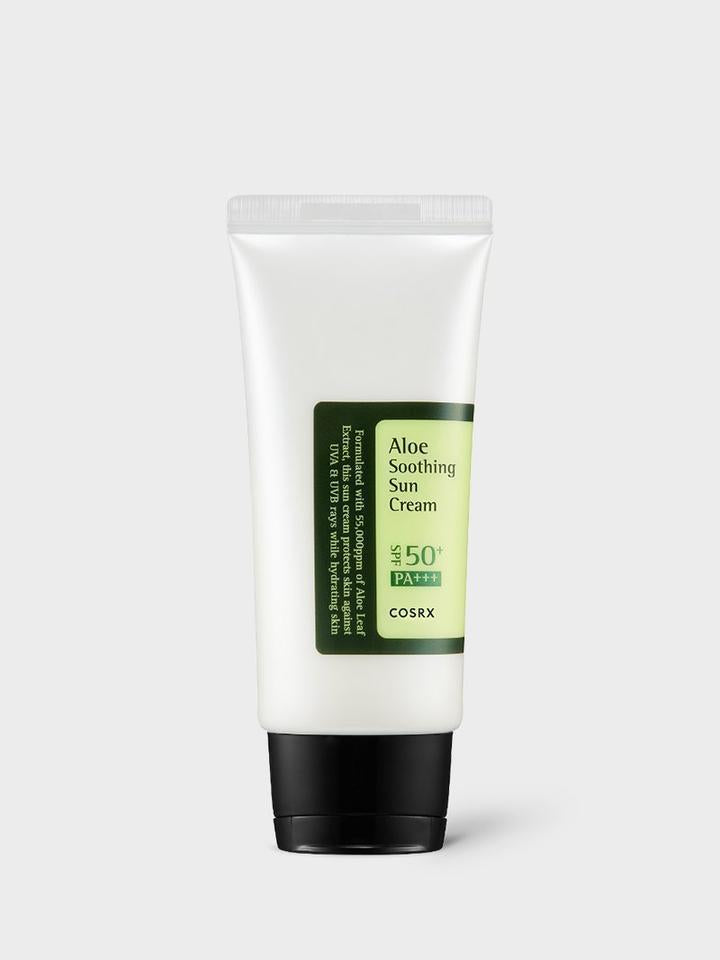 A white and green tube of COSRX - Aloe Soothing Sun Cream SPF50+ PA+++ 50ml with Aloe Arborescens Leaf Extract. The tube, boasting a lightweight moisturizing texture and a black cap, is positioned against a plain grey background.