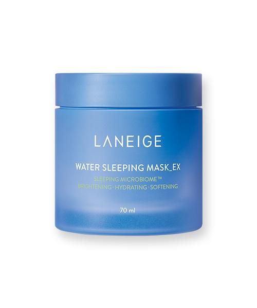 A blue cylindrical container with the text "LANEIGE - Water Sleeping Mask - 70ml" written on it. The product claims to feature "Sleeping Microbiome™" with a probiotic complex for brightening, hydrating, and softening. The container size is 70 ml.