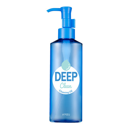 A blue pump bottle labeled "A'PIEU - Deep Clean Cleansing Oil 160ml" from the brand A'PIEU. The label features a small drop graphic above the word "DEEP." The bottle is transparent, revealing the liquid inside, which effectively removes heavy makeup and impurities.