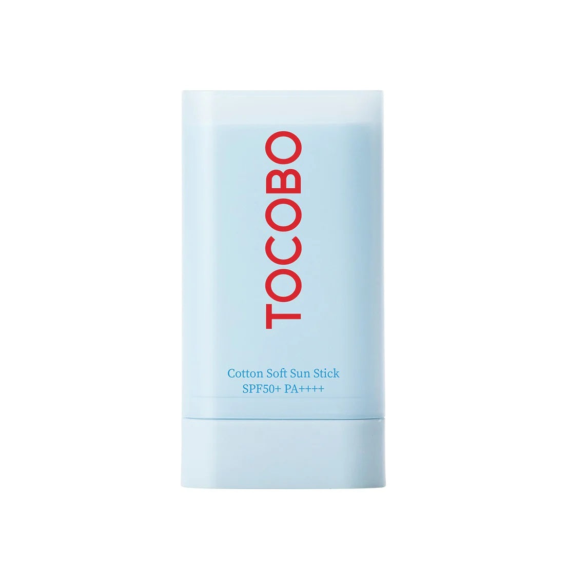 A light blue Tocobo Sun Stick labeled "Tocobo" in red text is shown against a white background. The product description reads "TOCOBO - Cotton Soft Sun Stick SPF50+ PA++++ 19g, Cruelty FREE & VEGAN" in smaller blue text below the brand name. It also features Herb AC Complex for added skincare benefits.