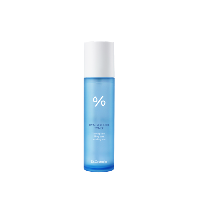 A blue cylindrical bottle with a white cap, labeled "DR. CEURACLE - Hyal Reyouth Toner 120ml." The text on the bottle includes "lifting care," "revitalizing," and "enriching skin with Vitamin B5 and B3." The bottle stands upright against a plain white background.