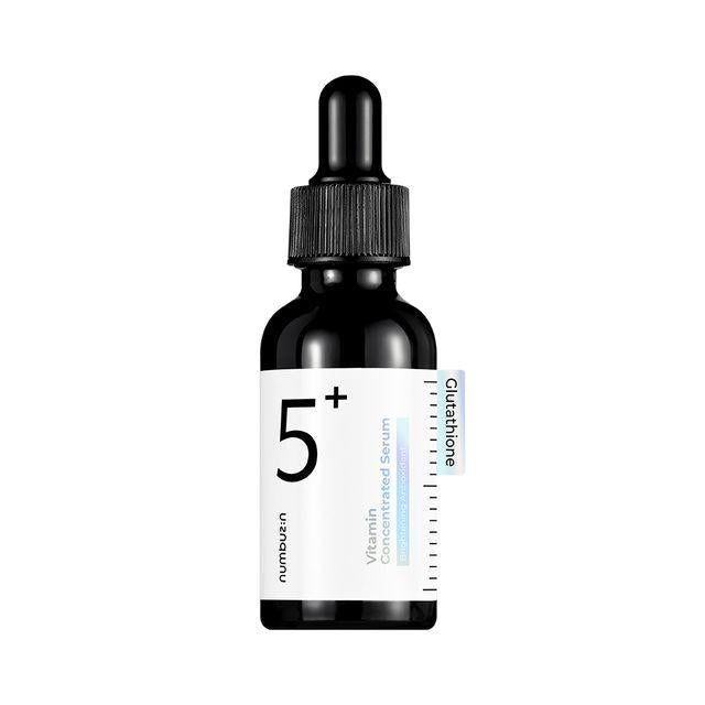 A black dropper bottle labeled "NUMBUZIN - No.5 Vitamin Concentrated Serum 30ml" with the brand name "Numbuzin" and a note indicating "Glutathione." The bottle features a black cap with a dropper and a white label with minimalist design elements, touting its benefits for hyperpigmentation and enriched as a vitamin ampoule.