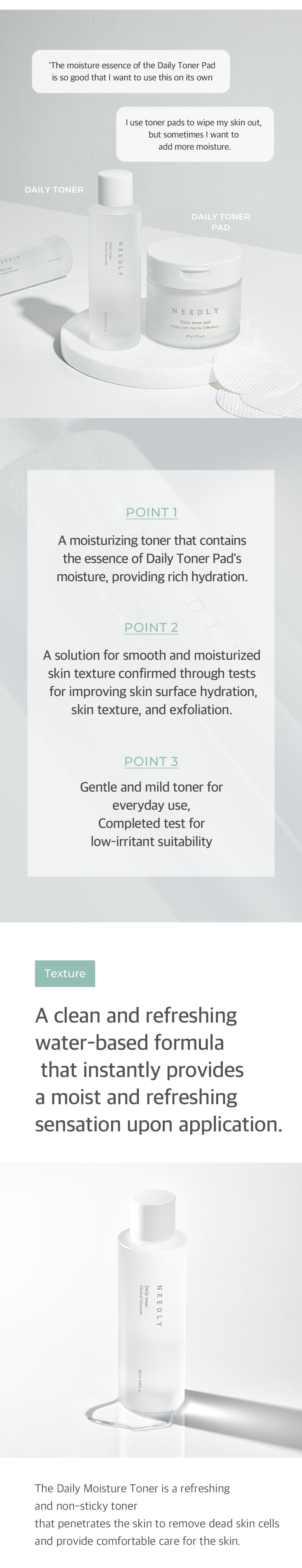 Discover the NEEDLY Daily Toner 250ml, a moisturizing toner that hydrates, improves skin texture, and features a gentle formula ideal for sensitive skin. The image showcases the product bottle on a marble surface with a minimalist design. Perfectly paired with NEEDLY daily toner pads for mild exfoliating care.
