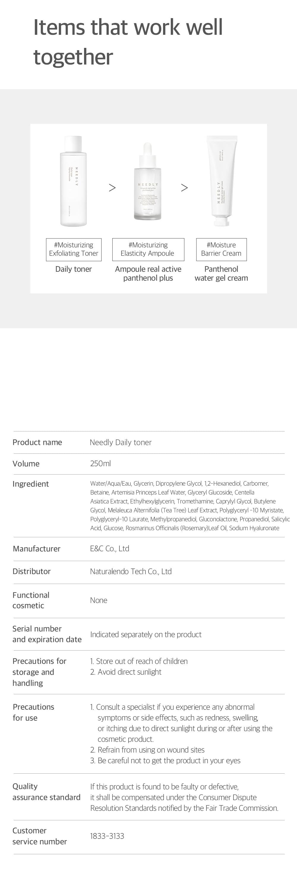 A product information sheet with the title "Items that work well together" features NEEDLY - Daily Toner 250ml, a moisturizing toner and mild exfoliating solution, along with Needit Ampoule Heartleaf Plus, and Needit Water Gel Cream. The sheet includes detailed product descriptions, usage instructions, and customer service information.