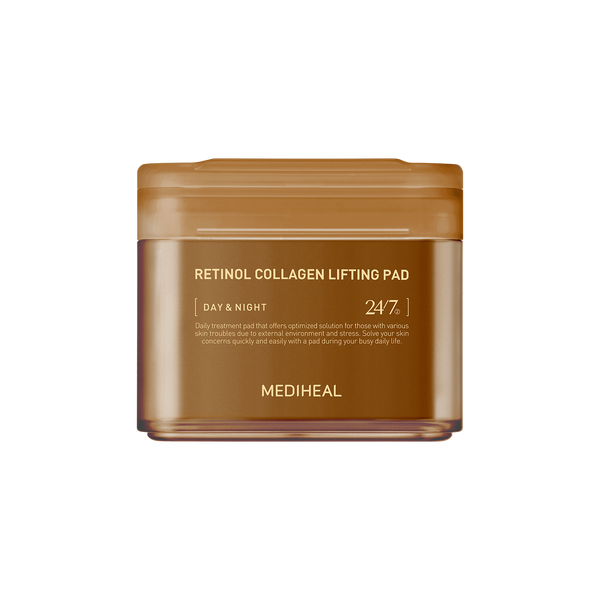 A brown and gold container labeled "MEDIHEAL - Retinol Collagen Lifting Pad 100ea" by MEDIHEAL. Designed for day and night use, it claims to offer optimized solutions to combat sagging skin, fine lines, and wrinkles while protecting against environmental stress.