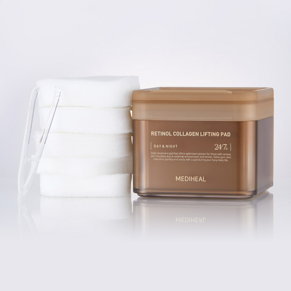 An orange-brown container labeled "MEDIHEAL - Retinol Collagen Lifting Pad 100ea," designed to combat fine lines and wrinkles, sits next to a stack of white cotton pads. A white plastic tweezer leans on the cotton pads. The background is white and reflective.