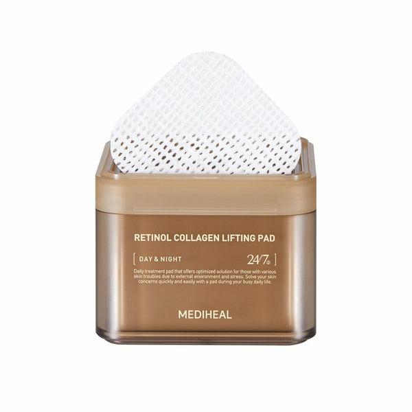 A brown container labeled "MEDIHEAL - Retinol Collagen Lifting Pad 100ea" holds white textured pads. The packaging details its daily treatment, quick-absorption properties, and potent retinol and collagen formula to target fine lines and wrinkles for a convenient skincare routine.