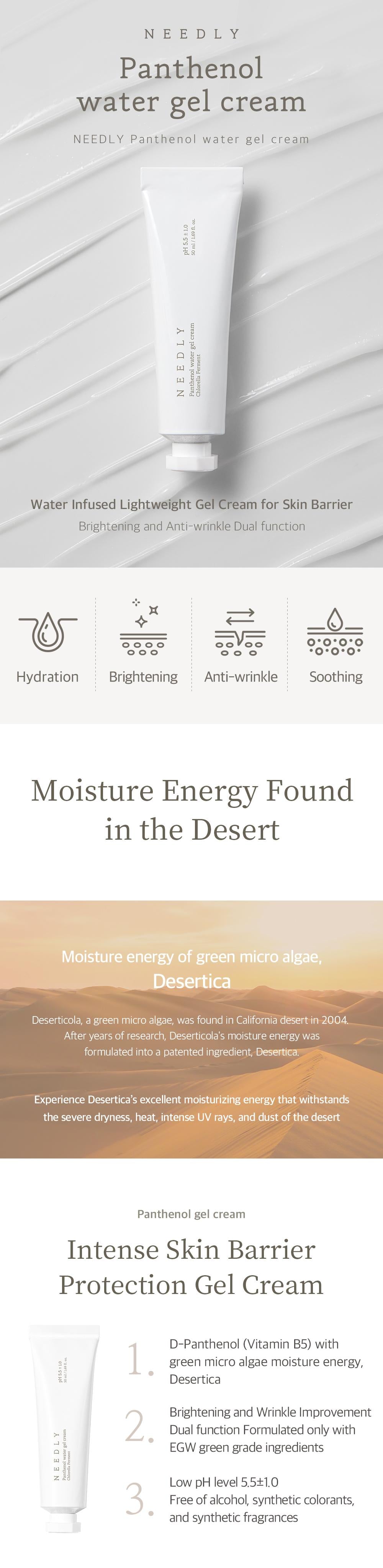 An infographic for NEEDLY - Panthenol Water Gel Cream 50ml showcases its lightweight, dual-function moisturizing and anti-wrinkle benefits with hydration and soothing properties. Perfect as an oily skin moisturizer, it features desert microalgae-derived energy and lists panthenol as a key ingredient for skin barrier protection.