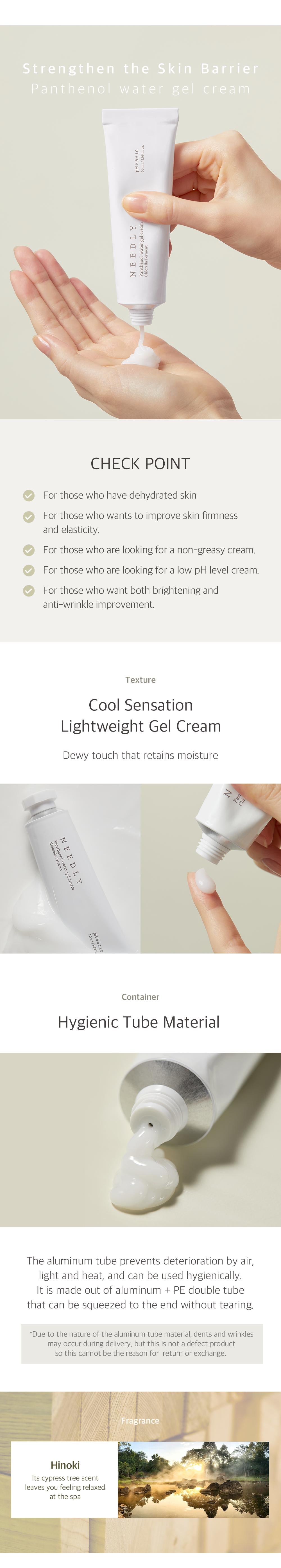 A promotional image for a skincare product. A hand holds a tube of "NEEDLY - Panthenol Water Gel Cream 50ml," which is squeezed onto another hand. The text highlights features: suitability for sensitive skin, non-greasy, dewy moisture, lightweight texture, and hygienic tube packaging that also supports skin barrier protection. "NEEDLY" appears at the bottom with a nature background.