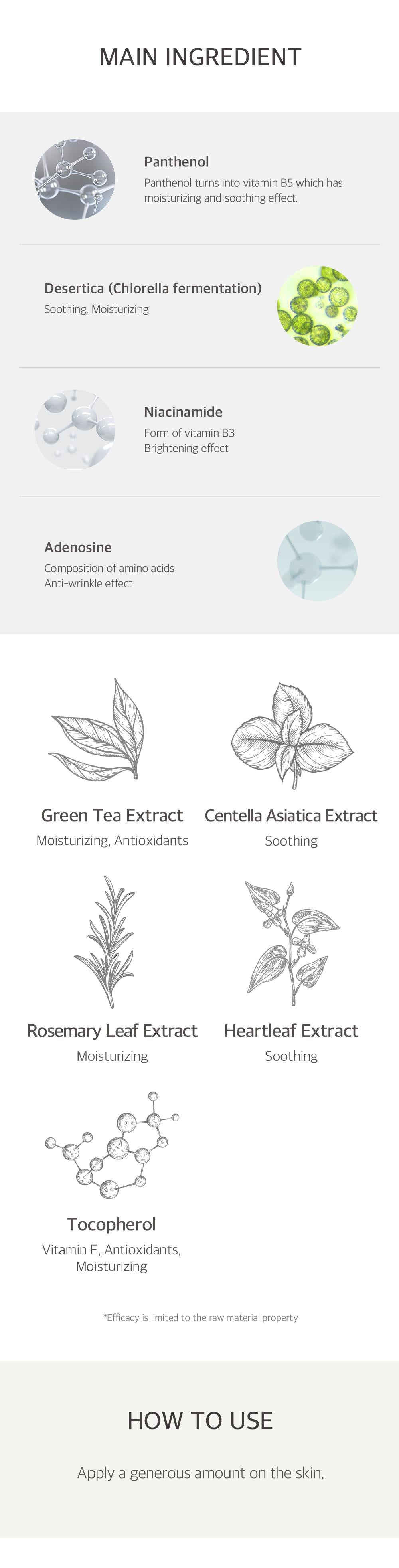 An infographic detailing the main ingredients in NEEDLY - Panthenol Water Gel Cream 50ml, ideal for oily skin moisturizer and skin barrier protection. Ingredients include Panthenol, Desertica (Chlorella fermentation), Niacinamide, Adenosine, Green Tea Extract, Centella Asiatica Extract, Rosemary Leaf Extract, Heartleaf Extract, and Tocopherol. Instructions at the bottom read:
