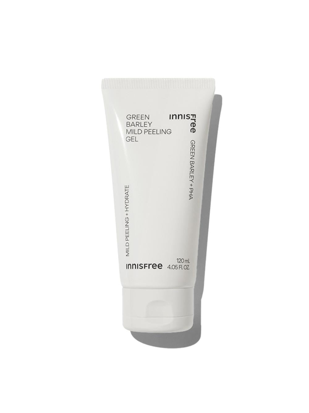 A white tube of INNISFREE - Green Barley Gommage Peeling Gel, featuring black text. This 120ml (4.05 fl oz) product provides dual peeling with AHA & BHA for gentle exfoliation, and the shadows imply it stands upright.
