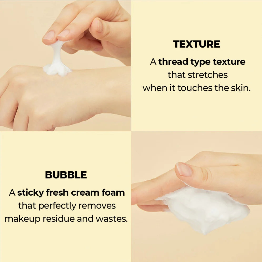A split image showing two close-up views of a hand applying the NUMBUZIN - No.2 Deep Clean Fresh Cream Cleanser 120ml by Numbuzin. The top half highlights the texture as a stretching thread type. The bottom half describes the product as a sticky, fresh cleansing foam that removes makeup residue and pore waste, perfect for sensitive skin.