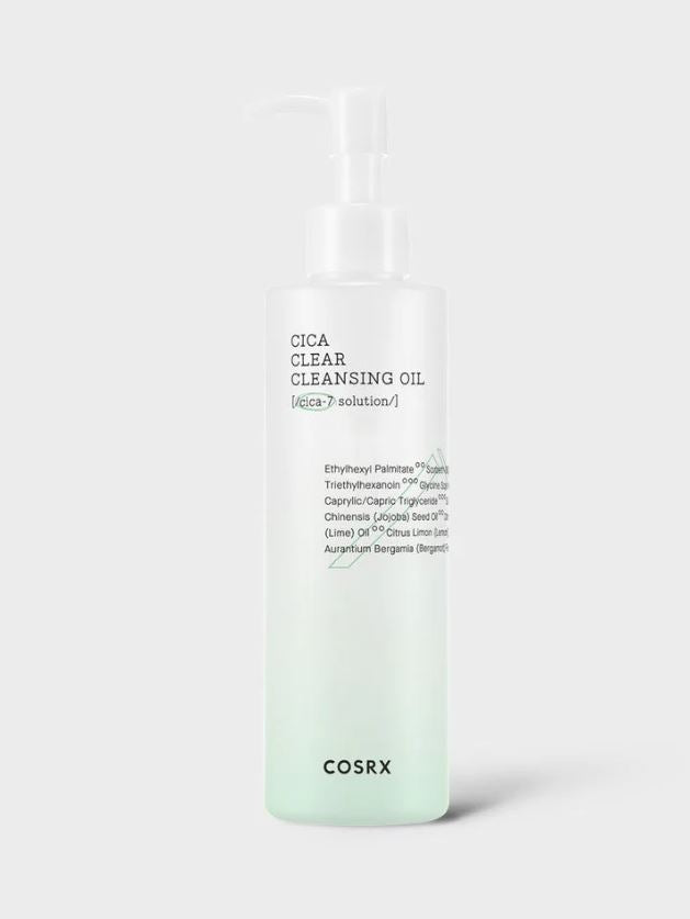 A translucent pump bottle labeled "COSRX Pure Fit Cica Clear Cleansing Oil 200ml" designed for sensitive skin. The gradient bottle shifts from white at the top to light green at the bottom, with plant-based ingredients listed in small text on the front, set against a plain white background.