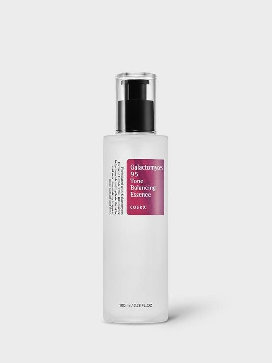 A white bottle of COSRX - Galactomyces 95 Tone Balancing Essence 100ml with a pump dispenser and a pink label. The bottle, featuring brightening Galactomyces Ferment Filtrate, has a capacity of 100 ml (3.38 fl. oz). The background is solid white and minimalistic.