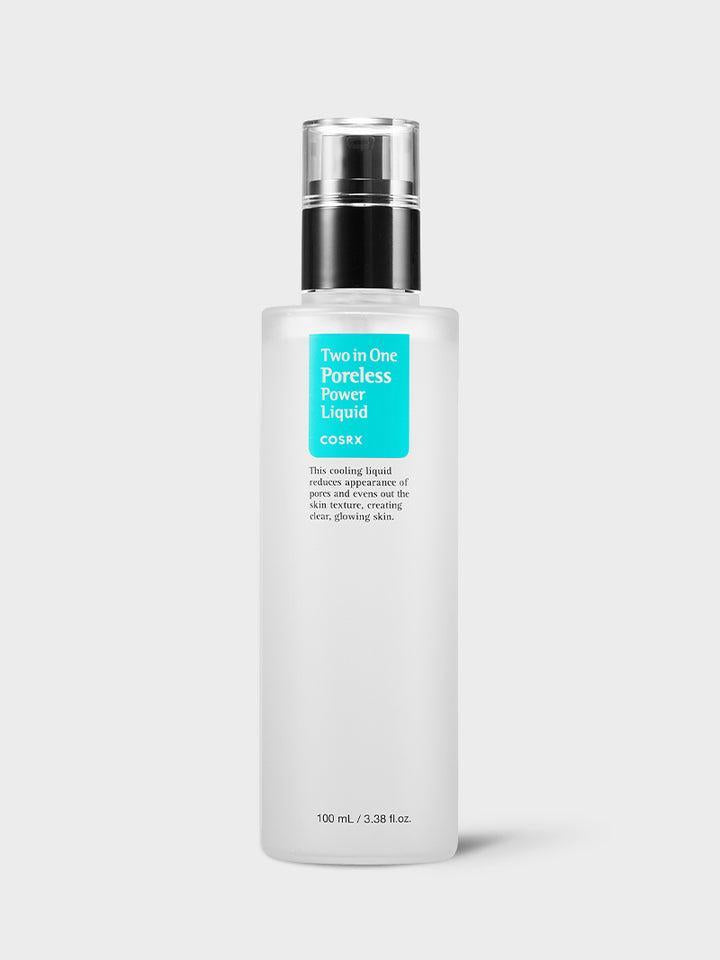 A white bottle of COSRX - Two in One Poreless Power Liquid 100ml, featuring a turquoise label. The bottle has a clear cap and a pump dispenser. This essence-toner is described as a skin-refining product that tightens pores, providing smoother skin texture for glowing results. Contains 100 mL (3.38 fl. oz.).