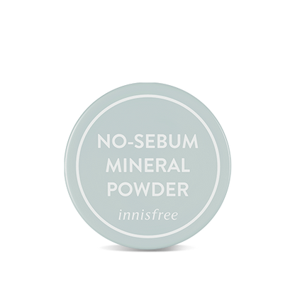 A round, light blue container of INNISFREE - No-Sebum Mineral Powder 5g is shown. The container, known for its 10-free clean formula, has white text on the lid displaying the product's name and brand.