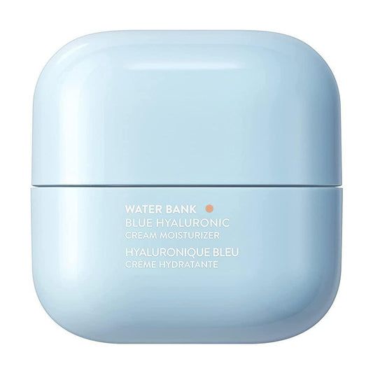 A light blue, rounded square jar of LANEIGE - Water Bank Blue Hyaluronic Cream Moisturizer 50ml (for dry to normal skin). The minimalist design features white text indicating the product name in English and French, highlighting its intensive moisturizer properties with a hydration boost from Blue Hyaluronic Acid.