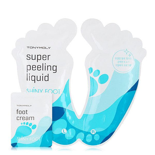 Image shows a set of TONYMOLY - Shiny Foot Super Peeling Liquid 50ml and foot cream. The packaging, which includes a foot-shaped exfoliating liquid pouch and a smaller rectangular foot cream sachet, both in white and blue color palettes with foot and water drop designs, offers a complete moisturizing foot treatment.