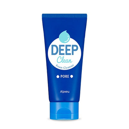 A blue tube of A'PIEU - Deep Clean Foam Cleanser (Pore) 130ml, enriched with Sea Silt and Baking Soda, is shown. The packaging features the text "DEEP Clean Foam Cleanser" with a water droplet graphic and the word "PORE" underneath.