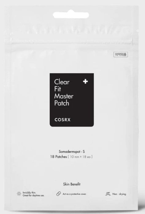 A white packaging of COSRX Clear Fit Master Patch is shown. The front label mentions "COSRX - Clear Fit Master Patch, 18 Patches (10 mm x 18 ea)" and highlights key benefits such as being "Invisible" and "Non-drying." Made from hydrocolloid material, the ultra-thin acne patch features a minimalistic design with black text.