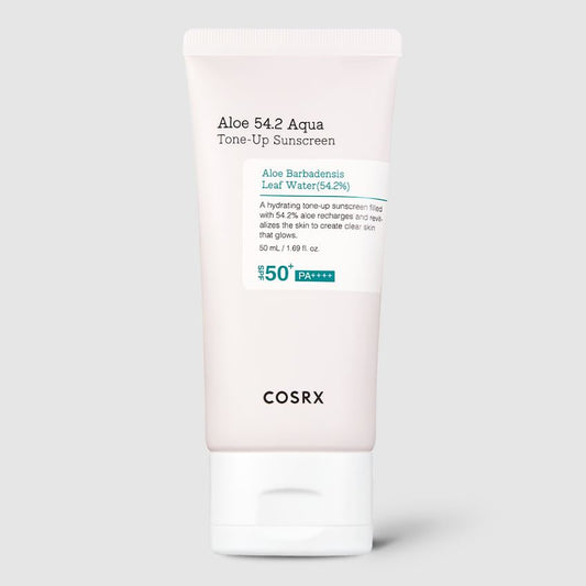 A tube of COSRX - Aloe 54.2 Aqua Tone-up Sunscreen 50ml with SPF 50+ PA+++. The packaging is mostly white with light pink accents and text detailing the product's benefits, including 54.2% aloe barbadensis leaf water for hydration and protection. This non-greasy formula also offers excellent tone-correction and contains 50 ml (1.69 fl. oz.)