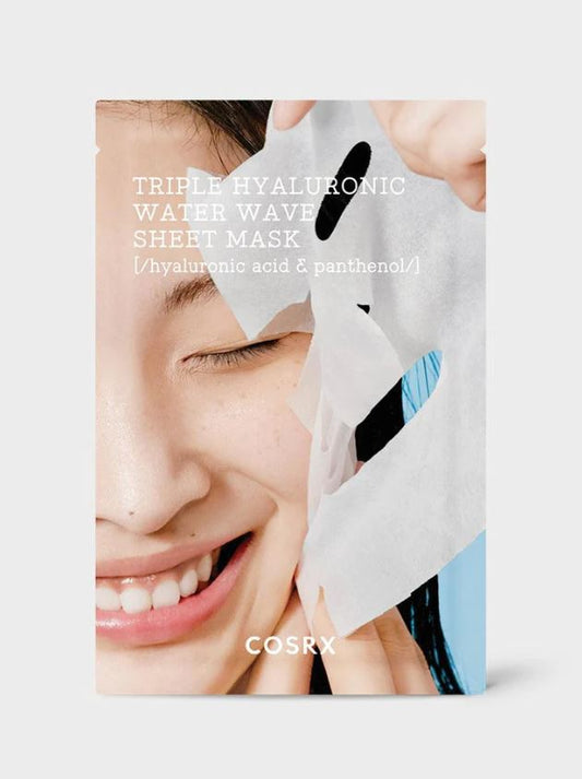 A smiling woman holds an eco-friendly sheet mask to her face with one hand. The text on the image reads "COSRX - Hydrium Triple Hyaluronic Water Wave Sheet Mask 1ea 20g" and "hyaluronic acid & panthenol." The product's brand name "COSRX" is displayed at the bottom.