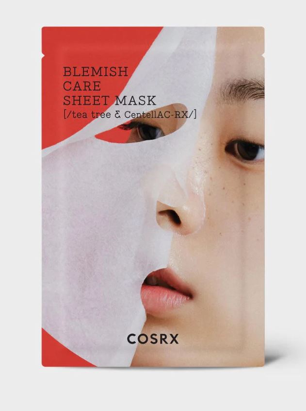 A red and white packaging of COSRX - AC Collection Blemish Care Sheet Mask 1ea 26g is shown. It features a partial image of a person's face behind a translucent sheet mask. The text on the package reads "Blemish Care Sheet Mask / [tea tree extracts & CentellAC-RX], perfect for acne treatment.