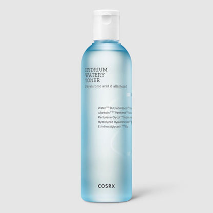 A light blue translucent bottle labeled "COSRX - Hydrium Watery Toner 280ml" with hyaluronic acid and allantoin by COSRX. This moisturizing toner features a white cap, and the label also lists additional hydration-boosting ingredients such as Butylene Glycol, Panthenol, and Sodium Hyaluronate.