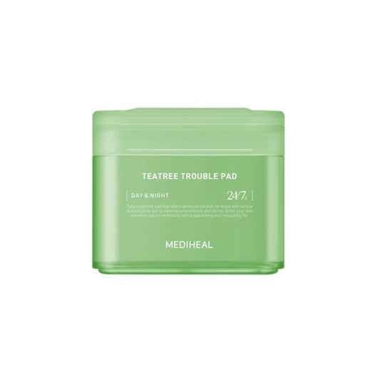 A green container labeled "MEDIHEAL - Teatree Trouble Pad 100ea" by MEDIHEAL. The container includes text highlighting that it is suitable for day and night use with 24/7 effectiveness, making it ideal for blemish prone skin.