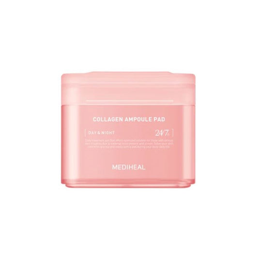 A pink rectangular container with a slightly rounded lid, labeled "MEDIHEAL - Collagen Ampoule Pad 100ea" in white text. Below it, "Day & Night" and "24/7" are written, along with "MEDIHEAL" at the bottom. Designed for CollagenFactor™ EcoSilk pads, this anti-aging skincare solution is both innovative and effective.