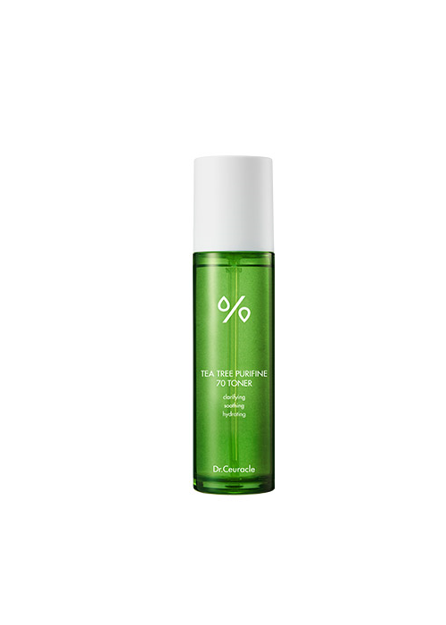 A green bottle with a white cap contains DR. CEURACLE - Tea Tree Purifine 70 Toner 100ml, featuring tea tree extract for clarifying and hydrating benefits. The minimalist design includes a simple white logo and product name, emphasizing its role as a hydrating toner.