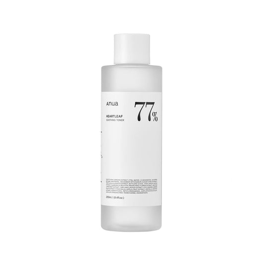 A clear plastic bottle of ANUA - Heartleaf 77% Soothing Toner 250ml with a white cap. The front label displays the brand name "ANUA," the product name, and the concentration "77%". This mild face toner is perfect for acne prone skin and contains 250 ml (8.45 fl. oz.) of heartleaf extract goodness.