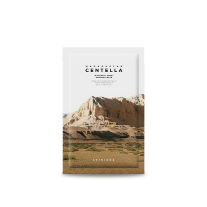 A single packet of SKIN1004 - Madagascar Centella Watergel Sheet Ampoule Mask 5ea by SKIN1004. The packaging, featuring a mountainous desert landscape, highlights the power of Centella Asiatica extract to intensely soothe and hydrate your skin.