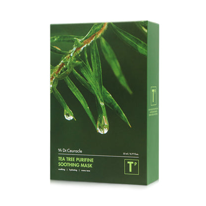 A green box of 10 DR. CEURACLE - Tea Tree Purifine Soothing Masks is shown. The packaging features a close-up image of tea tree leaves with droplets of water, highlighting its hydrating and soothing properties. Enriched with Centella Asiatica Extract, the text on the box describes its calming and purifying effects.