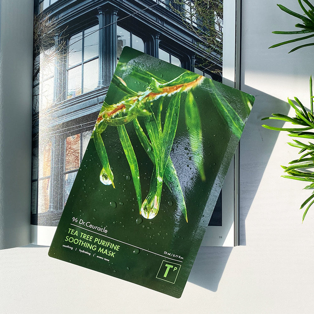 A DR. CEURACLE - Tea Tree Purifine Soothing Mask 10pcs packet, infused with tea tree extract, rests on an open magazine. The green packet features images of tea tree leaves and water droplets. Sunlight casts shadows, and a sprig of greenery is visible on the right side.