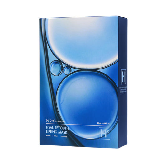 A blue box labeled "DR. CEURACLE - Hyal Reyouth Lifting Mask 10pcs" by DR. CEURACLE. The packaging features an abstract design with blue and transparent bubbles. Text mentions benefits including firming, lifting, hydrating, and moisturizing with Hyaluronic acid and vitamin B5. The box size is 25 ml / 0.84 fl. oz.