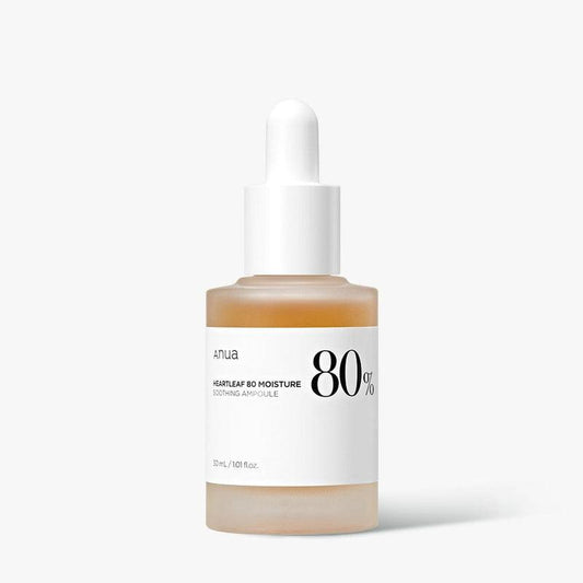 A brown bottle of ANUA - Heartleaf 80% Moisture Soothing Ampoule 30ml with a white dropper cap. The label displays "80%," indicating the concentration of Heartleaf extract, and the product's name. This soothing ampoule is designed to provide exceptional skin hydration. The bottle is positioned against a plain white background.