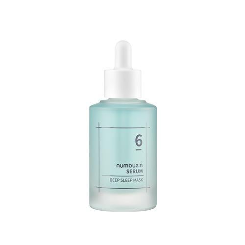 A blue frosted glass bottle with a dropper cap labeled "Numbuzin - No. 6 Deep Sleep Mask Serum 50ml, enriched with Glacier Water for firming effects" against a white background.