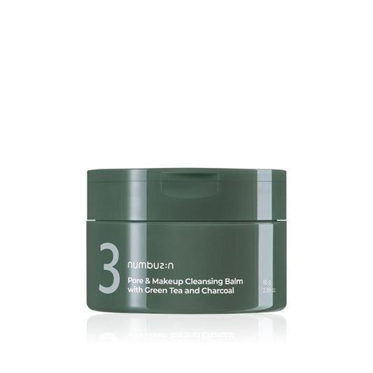 A green container labeled "Numbuzin No.3 Pore & Makeup Cleansing Balm With Green Tea And Charcoal," prominently displaying a "3" on the front. The cylindrical container appears to hold 85 grams (2.99 oz) of makeup remover balm.