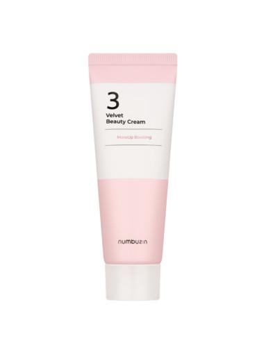 A tube of NUMBUZIN - No.3 Velvet Beauty Cream 60ml with a light pink and white design. The tube is standing upright, showcasing the front label which reads "No.3 Velvet Beauty Cream" and "Numbuzin" at the bottom. This velvet-textured moisturizer helps smoothen enlarged pores, promising a glowy complexion.