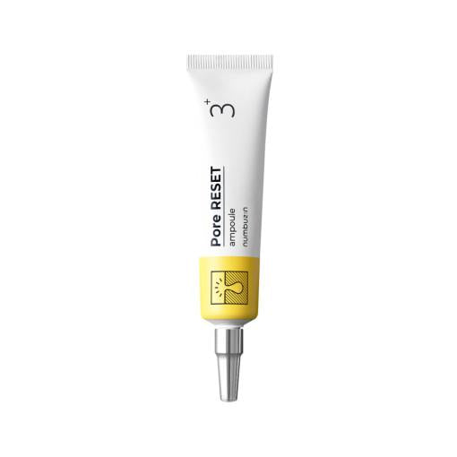 A white tube with a yellow cap labeled "NUMBUZIN - No.3 Pore Reset Ampoule Shot 25ml" with a "+" symbol and the number "3" on the upper part. The cap has a small graphic of a nose with sparkles, suggesting clear skin benefits. It likely contains potent ingredients like niacinamide for effective skincare.