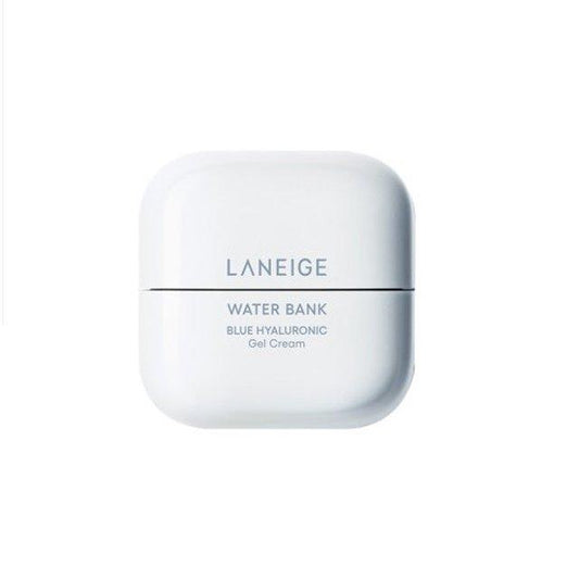 A minimalist, white square container with rounded edges labeled "LANEIGE - Water Bank Blue Hyaluronic Gel Cream 50ml (Combination, Oily)." The design is clean with gray and blue text, emphasizing its function as a hydrating gel moisturizer for oily skin. The overall aesthetic is sleek and modern.