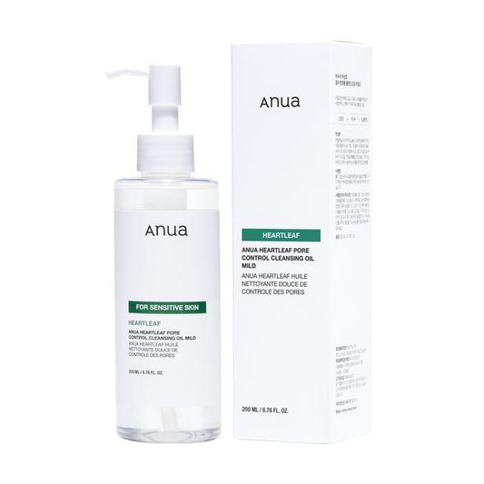 A white pump bottle and its box of ANUA - Heartleaf Pore Control Cleansing Oil Mild 200ml are shown. The bottle and box have minimalistic designs with green text detailing its features, including Heartleaf Extract. Non-comedogenic and intended for sensitive skin, the product contains 200 ml.