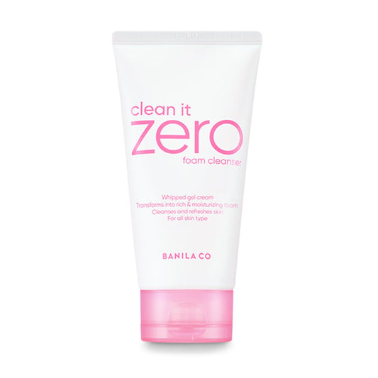 A tube of BANILA CO - Clean it Zero Foam Cleanser 150ml. The white tube with a pink cap and pink text features ZERO BALANCE TECHNOLOGY. This innovative formula transforms into a rich, moisturizing micro-foam cleanser that refreshes skin, suitable for all skin types.