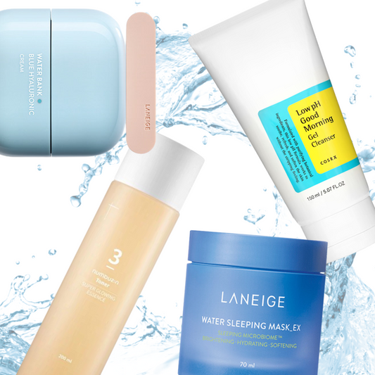 A selection of hydrating skincare products, including Laneige Water Bank Blue Hyaluronic Cream, a Laneige nail file, COSRX Low pH Good Morning Gel Cleanser, Laneige Water Sleeping Mask EX, and a bottle of Hydration Hero - Oily / Combo Skin by K.inc Beauty with a water splash background.