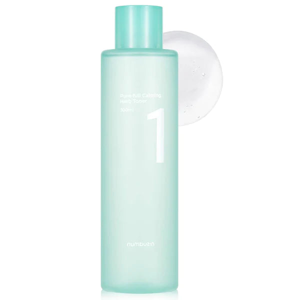 A translucent green bottle of skincare product labeled "NUMBUZIN - No.1 Pure-Full Calming Herb Toner 300ml" by Numbuzin, containing rejuvenating Licorice Root Extract. A small droplet of the toner is shown beside the bottle, highlighting its clear, liquid texture. The cylindrical bottle has a matching green cap.