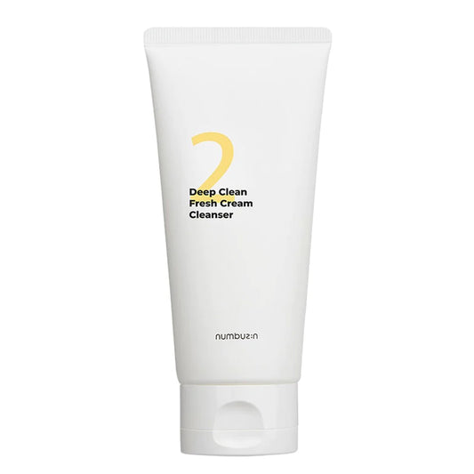 A white, cylindrical tube labeled "NUMBUZIN - No.2 Deep Clean Fresh Cream Cleanser 120ml" from the brand Numbuzin. The tube stands upright with a flip-top cap at the bottom. The text is centered on the front with a minimalistic design, perfect for sensitive skin and tackling pore waste effectively.