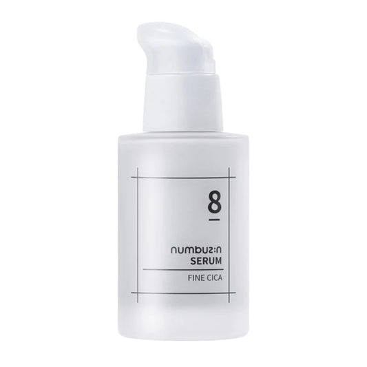 A sleek, white bottle of NUMBUZIN - No. 8 Fine Cica Serum 50ml with a pump dispenser. The minimalist label features black text and lines stating "numbuz:n SERUM" and "FINE CICA." Infused with Centella Asiatica, it's perfect for sensitive skin and helps strengthen your skin barrier.