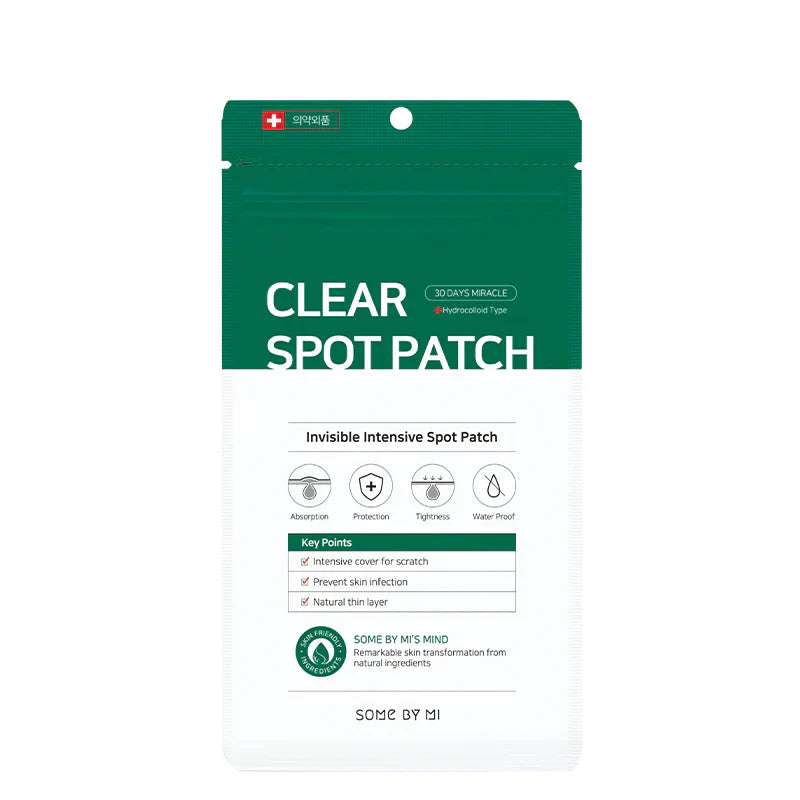 A product package titled "SOME BY MI - Clear Spot Patch" displayed against a white background. The green and white packaging features text that highlights key benefits like hydrocolloid fabric absorption, protection, tightness, and waterproof properties. The brand logo "SOME BY MI" is at the bottom.